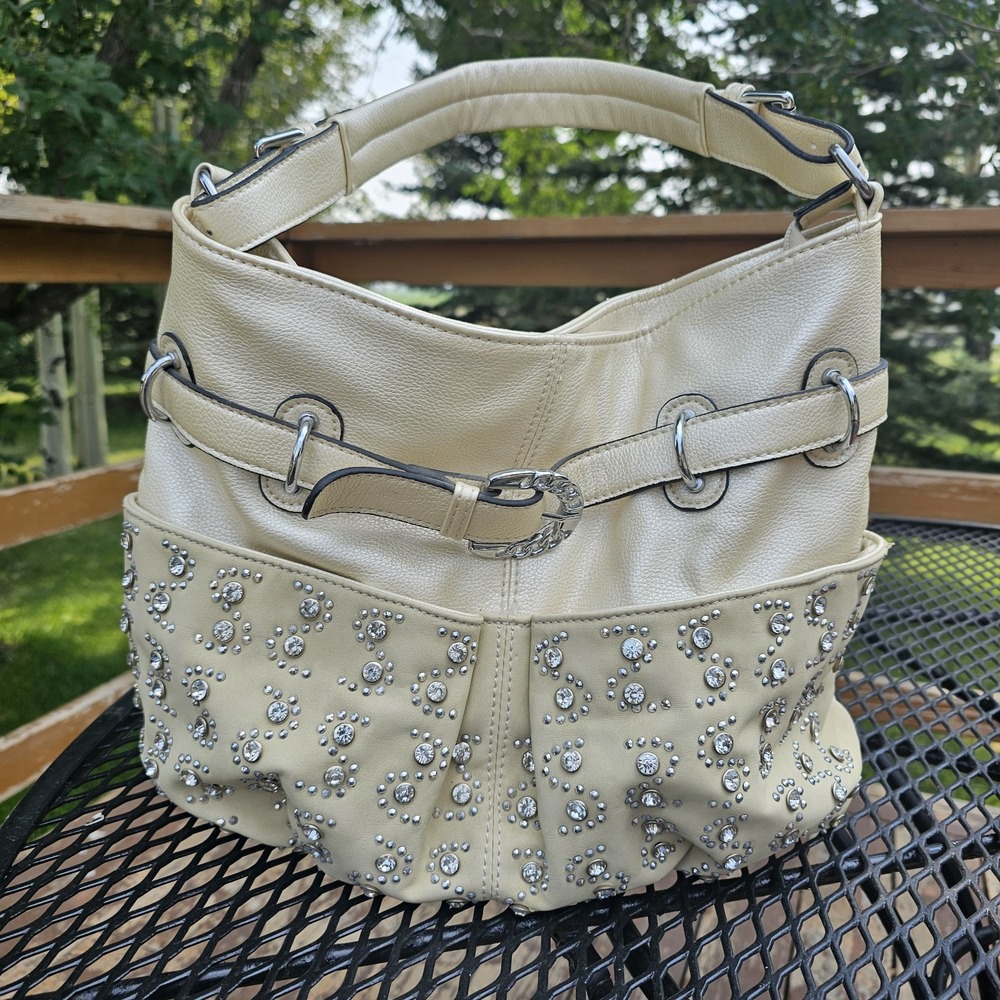 Y2K Cream Studded Rhinestone Hobo Bag Boho Glam Faux Leather